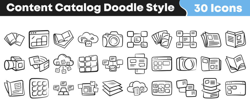 Collection of thirty hand drawn doodle style content catalog icons