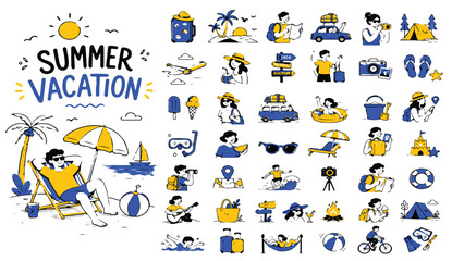 Fototapeta premium Summer vacation doodle icon set, hand drawn travel and beach holiday elements, blue and yellow tourism vector illustrations for seasonal branding