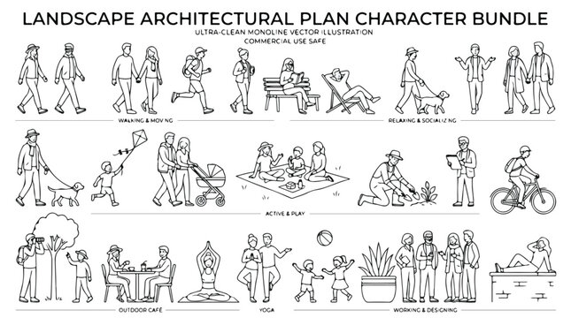 Landscape architectural plan character bundle, monoline vector people silhouettes for site plans, outdoor lifestyle human scale figures for rendering