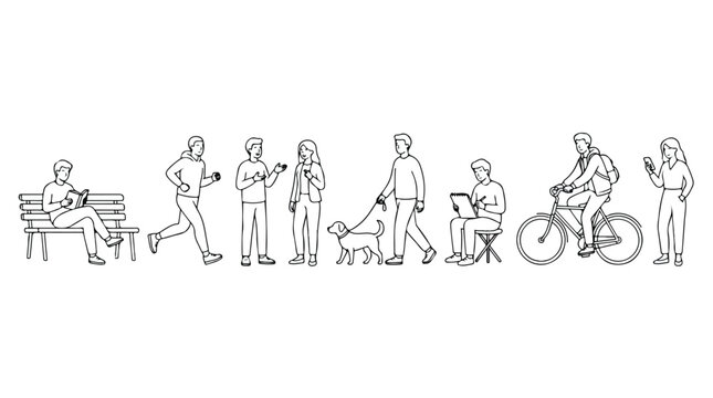 Minimalist line art people set, diverse characters in outdoor park activities, black and white vector illustrations for architectural rendering