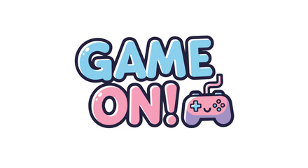 Fototapeta premium Colorful illustration of 'GAME ON!' text with a video game controller on a white background with a playful mood and pastel colors.