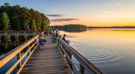 Naklejka premium People fishing from a wooden pier on a calm lake at sunset