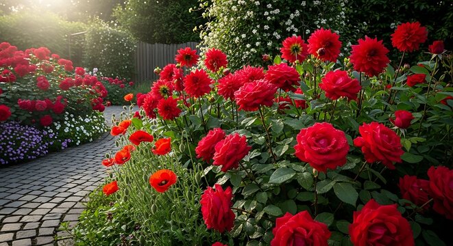 Vibrant red roses and dahlias along a cobblestone garden path