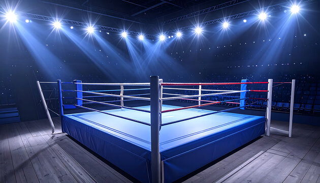 empty boxing ring under bright stadium spotlights, blue ropes, competition arena, fight night atmosphere