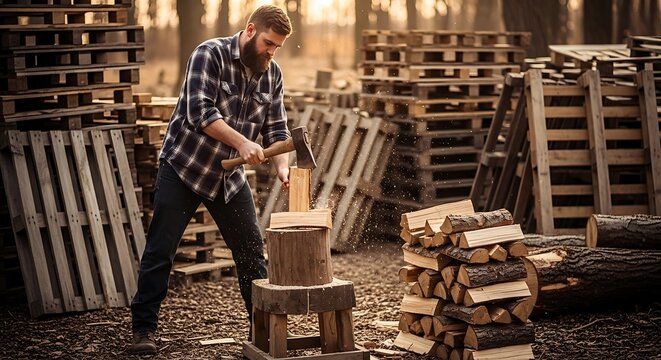 Bearded man chopping firewood with an axe at golden hour