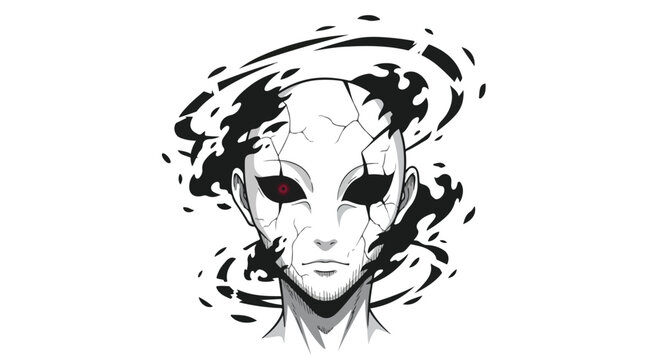 Illustration of a futuristic alien-like character with red eyes and swirling black lines around its head on a white background.