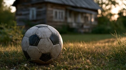 Fototapeta premium Old soccer ball resting on grass in front of a rustic wooden house at sunset