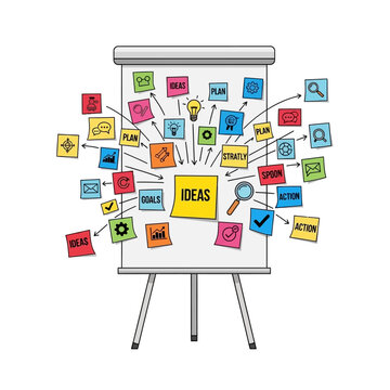 Hand drawn whiteboard with colorful sticky notes and business icons