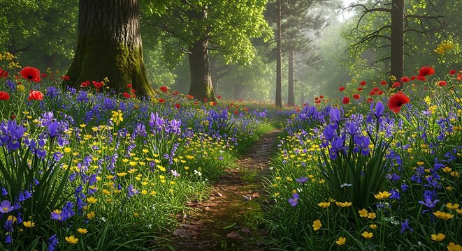 Forest path winding through vibrant spring wildflowers in sunlight