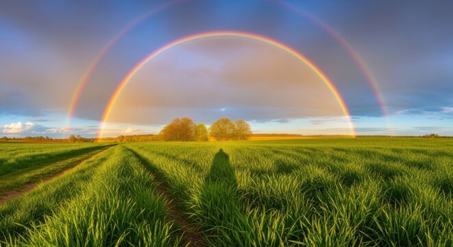 Double rainbow arching over a lush green agricultural field during golden hour with dramatic clouds