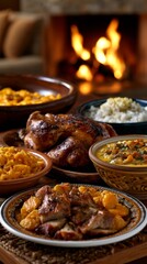 Obraz premium Cozy winter meal with roasted chicken and seasonal sides by a warm fireplace
