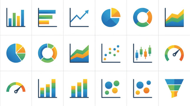 Collection of diverse business and financial charts and graphs icons.