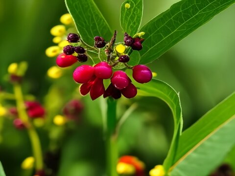 Red wildflower buds with green leaves in natural habitat. Vibrant red wildflower buds emerging among fresh green leaves in an outdoor setting.