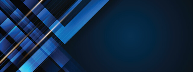 Fototapeta premium Modern Dark Tech Backdrop with Blue Neon Circuit Grid, Elegant Diagonal Gold Lines and Copy Space.
