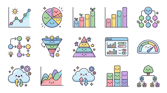 Collection of cute business and finance icons with charts and graphs.