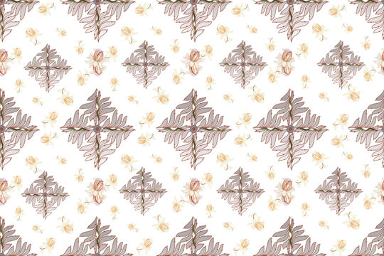 Sophisticated seamless botanical pattern featuring hand-drawn tropical leaf motifs combined with delicate floral accents in earthy brown, beige, cream, and muted green tones.