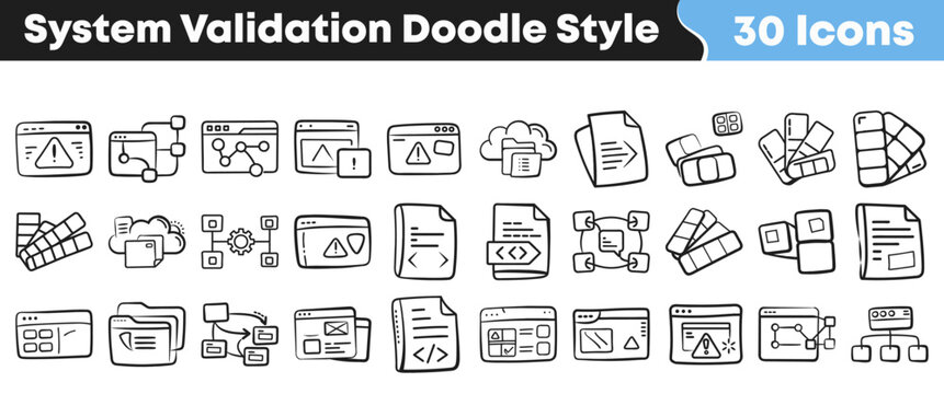 Hand drawn collection of system validation icons in doodle style