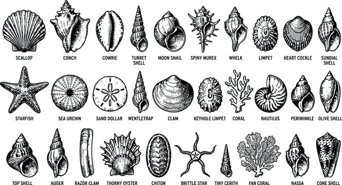Diverse collection of seashells and marine life rendered in a detailed vintage engraving style on a white background