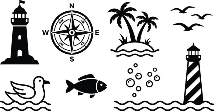 Nautical Icons Set with Lighthouse Compass Palm Trees Fish Duck and Seagulls on White Background