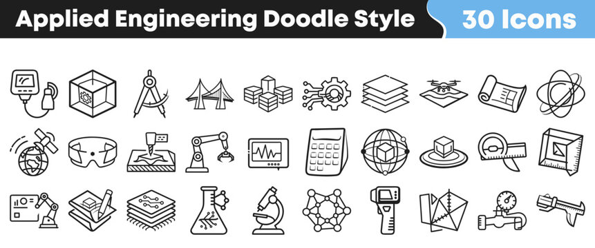 Hand drawn set of thirty applied engineering icons in doodle style