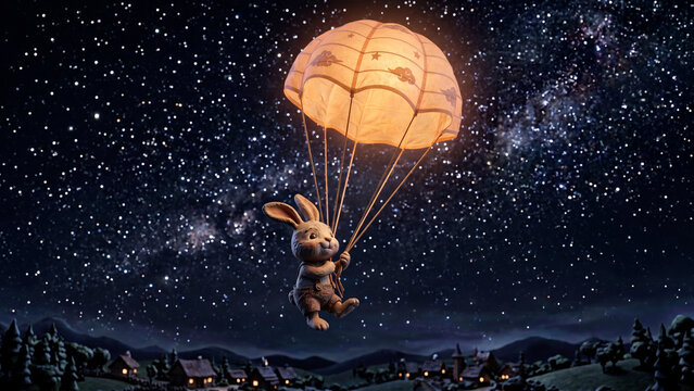 Cute rabbit flying with a glowing parachute under a starry night sky over a village.