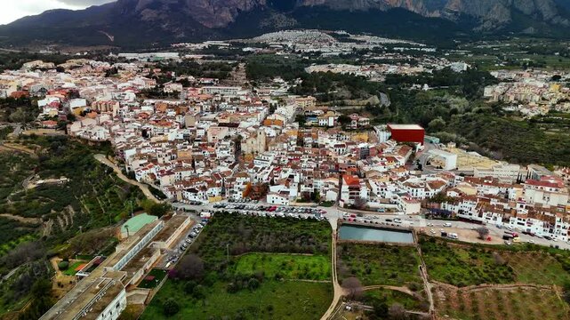 Aerial drone flight over La Nucia town near Polop, Costa Blanca, Spain