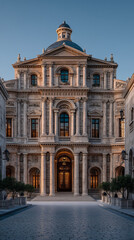Obraz premium Symmetrical view of a grand classical palace facade with ornate columns, arched windows, and a central dome at twilight, reflecting a luxurious historical atmosphere.