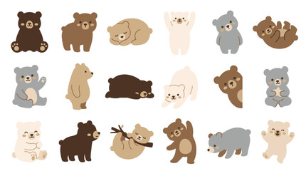 Collection of cute cartoon bears in various poses and colors, perfect for children's designs. © Pink