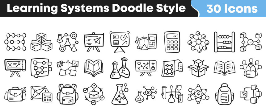 Hand drawn doodle icons representing various school and learning systems