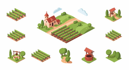Fototapeta premium Isometric illustration of a vineyard landscape with a church, wells, and trees.