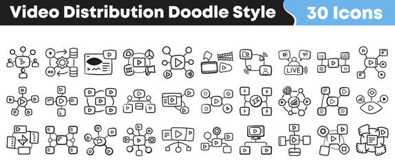 Fototapeta premium Set of thirty hand drawn video distribution concept doodle icons