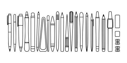 Obraz premium Pens and Pencils in Various Styles and Shapes, Including Markers and Highlighters, Displayed in a Line.