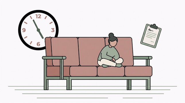 Doctor appointment anxiety chronic illness concept flat illustration with waiting room