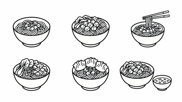 Noodle Bowl Line Art Illustration Set for Asian Cuisine Menu