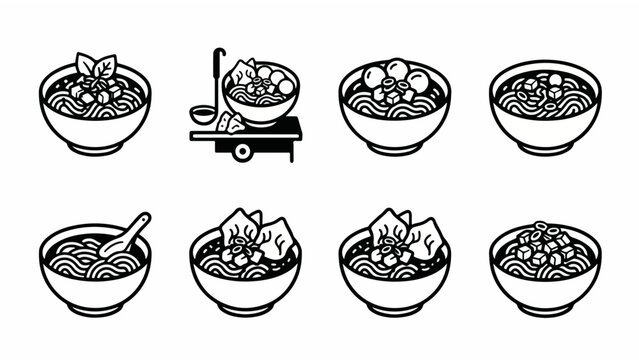 Asian Noodle Bowl and Street Food Icon Set Line Art