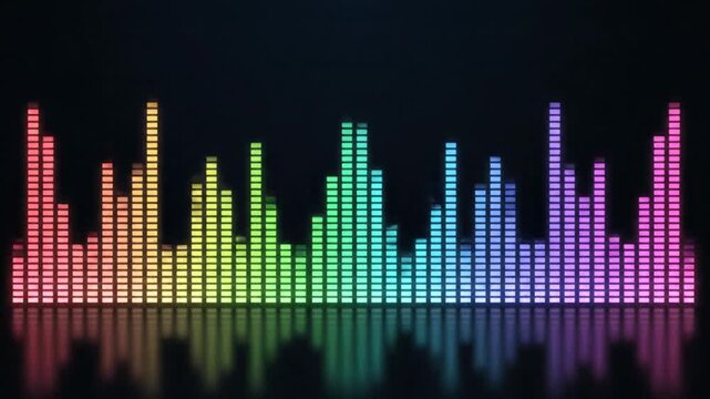 Vibrant digital audio soundwave spectrum animation with rainbow gradient on dark background