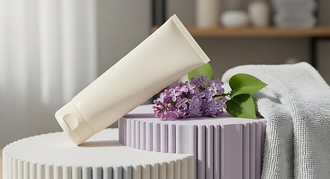 White cosmetic tube with flower on a modern round textured pedestal in a bright indoor room setting for spa