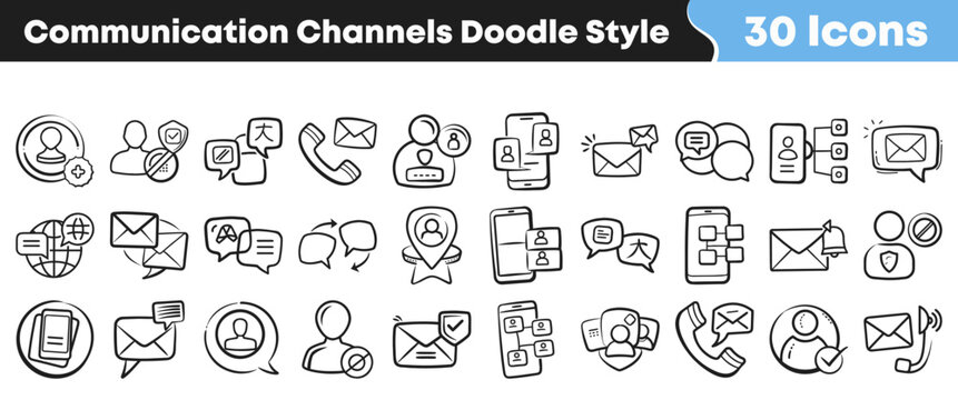 Collection of hand drawn communication icons in a doodle style