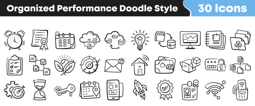 Set of thirty hand drawn doodle style performance business icons