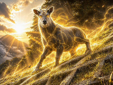 黄金のエネルギーを纏う鹿 ― 大自然と生命の輝きを描く幻想風景