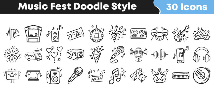 Collection of hand drawn music festival icons in doodle style