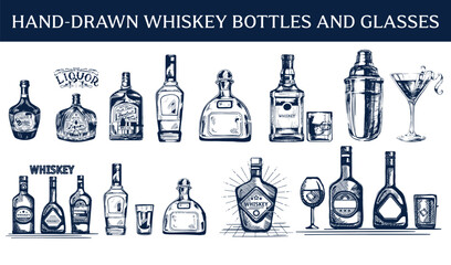 Collection of hand-drawn whiskey bottles and glasses, vintage sketch style  © Stock Graphix