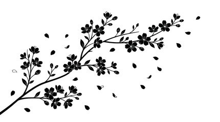 Black floral branch silhouette with floating flower petals. © ahmad