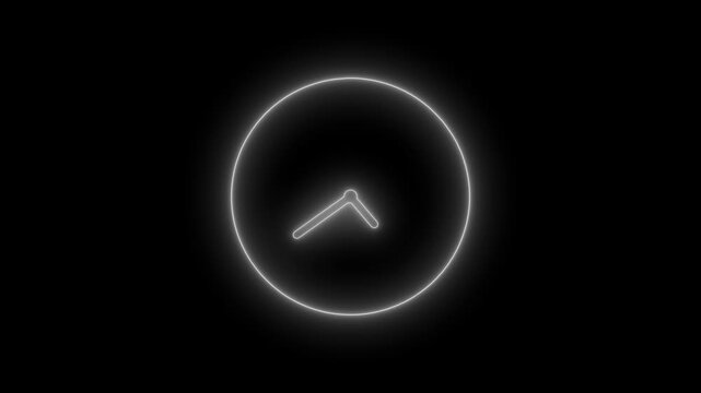Minimal neon clock face glowing simple circular outline with two glowing hands pointing animation