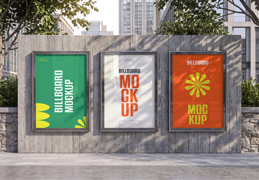 Three Vertical Billboard Posters Mockup on Concrete wall