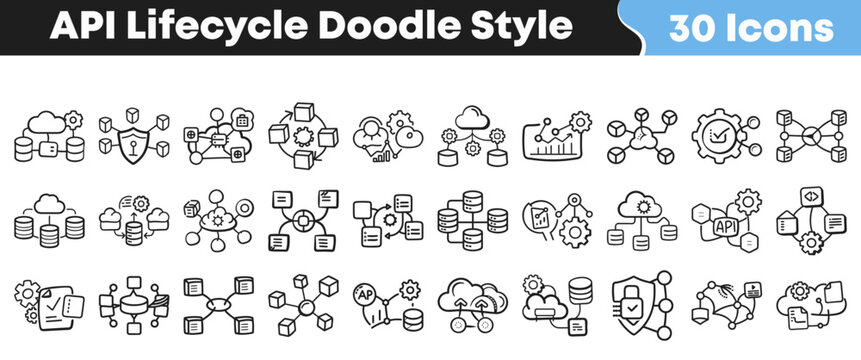 Set of thirty hand drawn doodle style api lifecycle icons