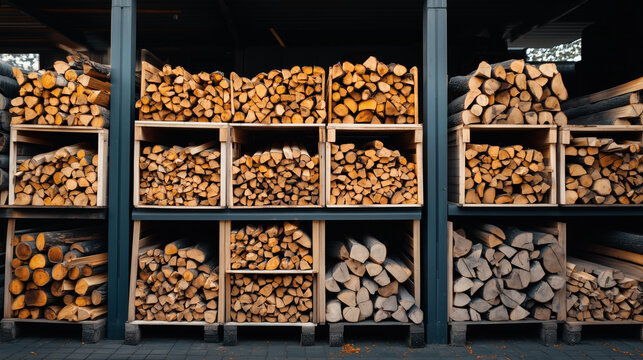 Neatly stacked firewood logs in wooden storage crates at a lumber yard