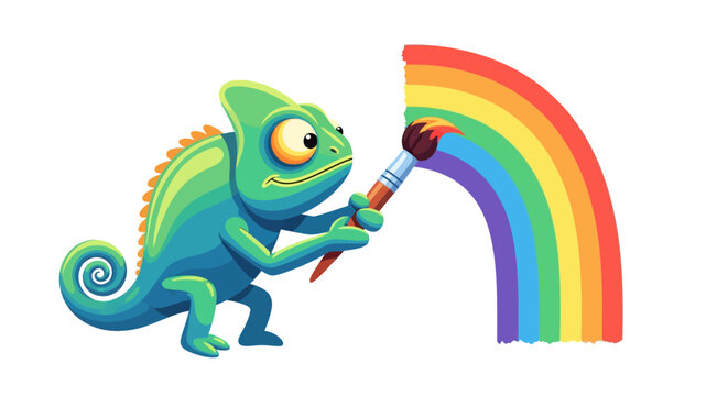 Chameleon painting a rainbow with a paintbrush on white background