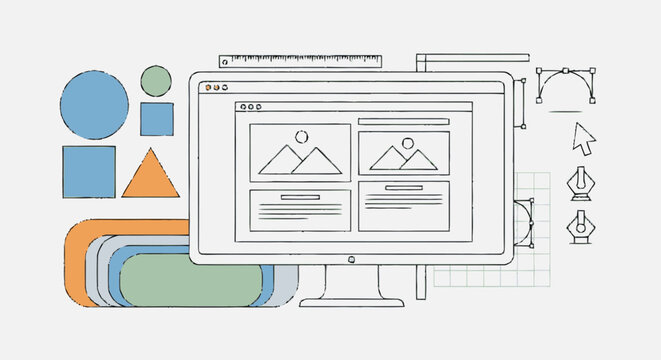 Hand-drawn flat illustration of geometric shapes a web browser window 