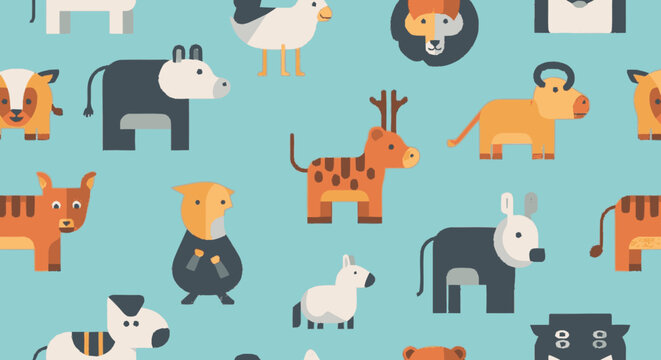 Seamless flat graphic pattern featuring various stylized animals inclu